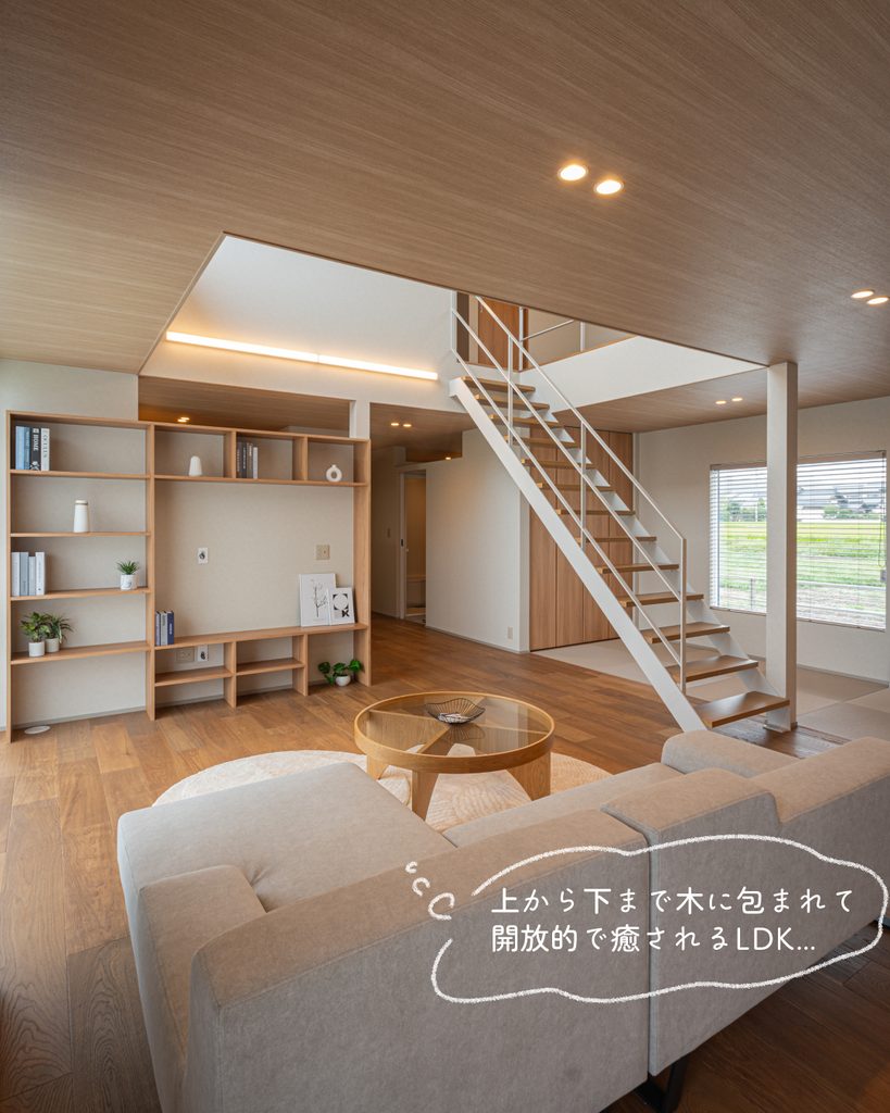 吹き抜け　リビング　ソファ　スケルトン階段